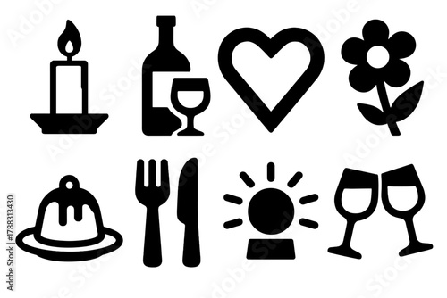 Brutalist Romantic Icons. Romantic Dinner silhouette icon set: candlelight, wine bottle, heart-shaped plate, flower, dessert, utensils, soft light, wine glasses.
