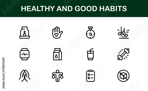 Functional Healthy and Good Habits Icon Library enabling Meditation Apps, Fitness Tools, and Wellness Programs
