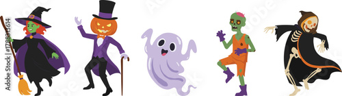 Colorful Halloween characters vector illustration featuring witch, pumpkin head, ghost, zombie, and skeleton reaper in spooky cartoon design.