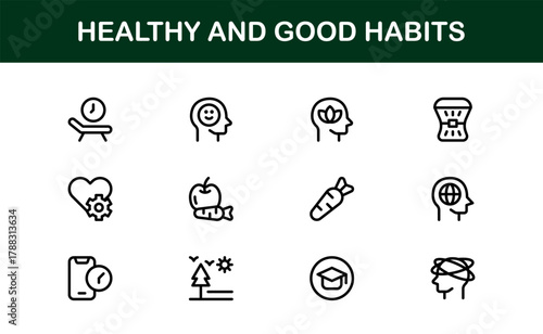 Clean Healthy and Good Habits Icon Bundle guiding Fitness Trackers, Daily Routines, and Wellness Dashboards
