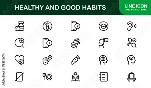 Stylish Healthy and Good Habits Icon Library exploring Meditation Apps, Fitness Trackers, and Daily Wellness Tools
