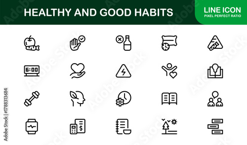 Sleek Healthy and Good Habits Icon Bundle visualizing Fitness Apps, Daily Routines, and Wellness Tools
