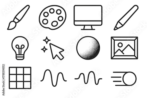 Digital Art Elements. Creative Interactivity linear icon set: paintbrush, color palette, computer screen, stylus pen, idea bulb, cursor, sparkles, gradient circle, art frame,