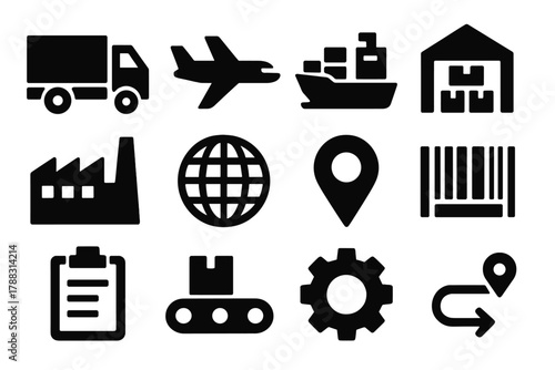 Logistics Icon Set. Logistics Network silhouette icon set: truck, airplane, cargo ship, warehouse, factory, globe, map pin, barcode, clipboard, conveyor belt, gear, route line.