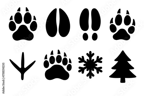 Bold Snow Track Icons. Snow Tracks Set silhouette icon set: wolf paw, deer hoof, rabbit print, fox track, bird footprint, bear paw, snowflake, pine tree.