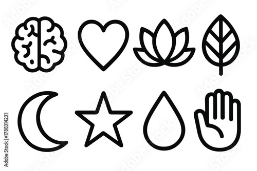 Bold Mind-Body-Spirit Icons. Mind-Body-Spirit Icons silhouette icon set: brain, heart, lotus, leaf, moon, star, water drop, hand.