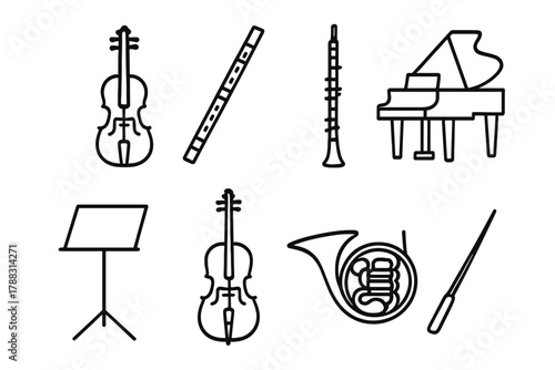 Orchestral Ensemble Icons. Chamber Orchestra linear icon set: violin, flute, oboe, cello, music stand, piano, horn, baton.