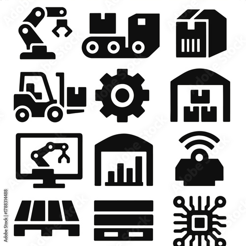 Brutalist Warehouse Icons. Warehouse Automation silhouette icon set: robot arm, conveyor belt, box, barcode, forklift, gear, warehouse, sensor, computer screen, chart, pallet,