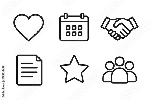 Symbolic Client Relations Icons. Long-term client relations linear icon set: heart, calendar, handshake, document paper, star, group of people.