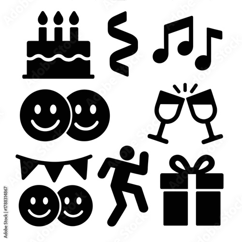 Brutalist Party Icons. Festive Party silhouette icon set: cake with candles, ribbon streamer, music notes, clinking glasses, smiling faces, bunting flags, dance moves, wrapped