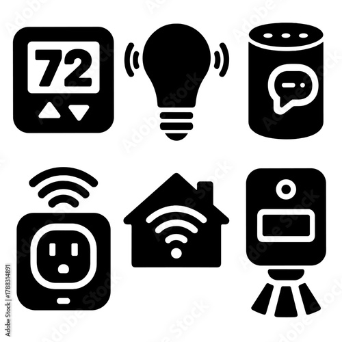 Brutalist Smart Home Icons. Home Automation silhouette icon set: smart thermostat, connected light bulb, voice assistant, smart plug, home hub, motion sensor.
