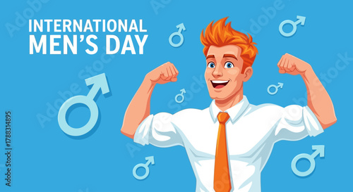 Illustration Celebrating International Men s Day with Strong Smiling Businessman and Male Symbols