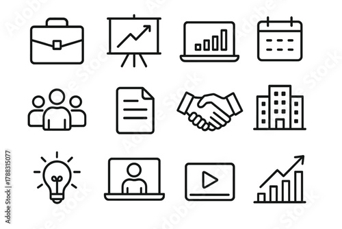 Corporate E-Learning Icons. Corporate E-Learning linear icon set: briefcase, presentation board, bar chart, laptop, calendar, team group, document page, handshake, office building,