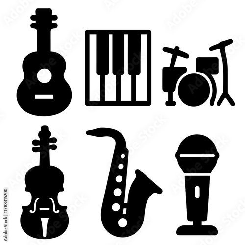 Brutalist Musical Instruments. Musical Instruments silhouette icon set: guitar, piano keys, drum set, violin, saxophone, microphone.