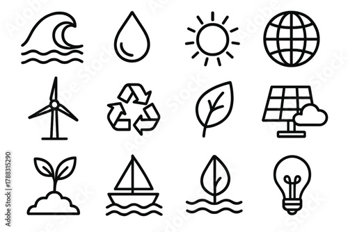 Renewable Energy Icons. Environmental Wave Energy linear icon set: ocean wave, water droplet, sun, globe, wind turbine, recycling symbol, leaf, solar panel, cloud, plant, boat,