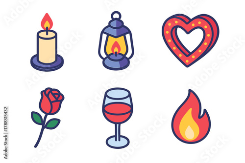 Romantic Icon Set. Romantic Lights modern flat icons set: Candle, Lantern, Heart Light, Rose, Wine Glass, Flame.