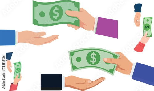 Two hands exchanging money, giving cash payment illustration, financial transaction concept showing business payment, lending, donation, or salary exchange