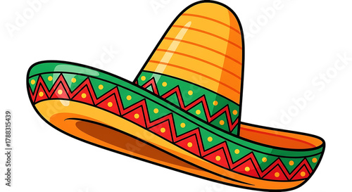 Vibrant mexican sombrero hat with colorful geometric patterns isolated on white background