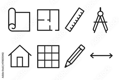 Architectural Blueprint Icons. Architectural Blueprints linear icon set: rolled paper, floor plan, ruler, compass, pencil, house, grid, measurement icon.