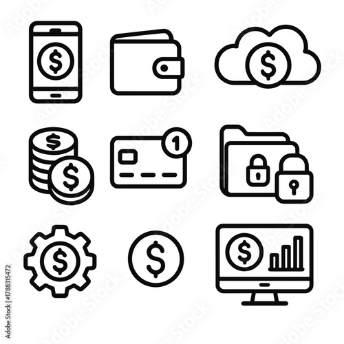 Digital Payment Icons. Digital Payments linear icon set: smartphone interface, wallet icon, payment terminal, cloud icon, coin stack, credit card, notification badge, secure folder