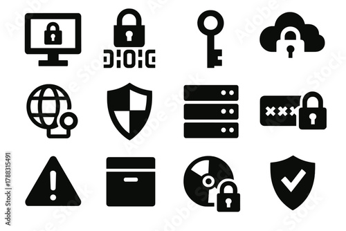 Digital Security Icons. Digital Protection silhouette icon set: secure computer, lock over data stream, encryption key, private cloud, secure connection, antivirus shield, server