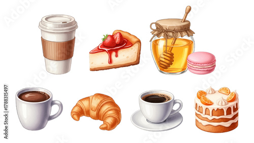 Vector illustration of assortment of breakfast items including coffee, croissant, cake, and honey
