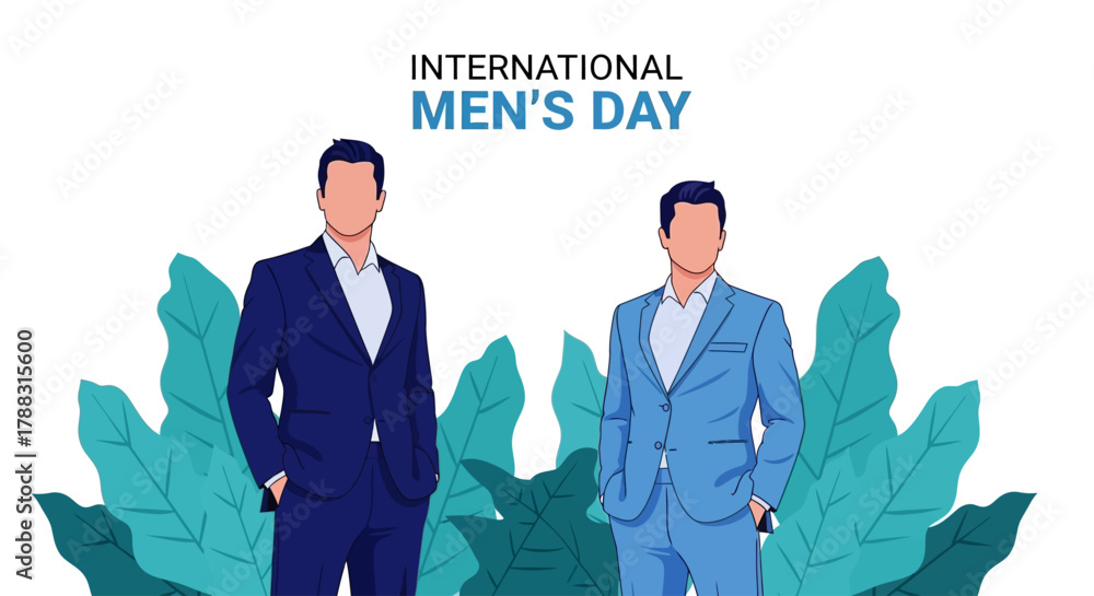 Naklejka premium International Men s Day Celebration Stylish Gentlemen in Suits with Tropical Foliage Background