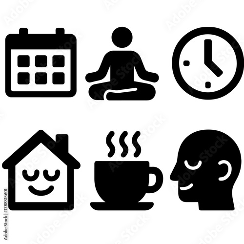 Brutalist Work-Life Icons. Work-Life Balance silhouette icon set: calendar plan, yoga pose, time clock, peaceful home, coffee break, relaxed mindset.