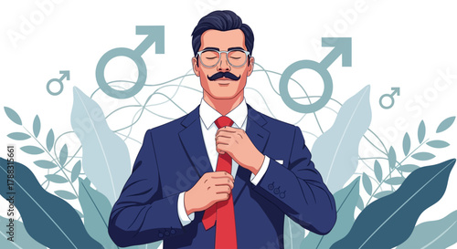 Confident Businessman Adjusting Red Tie with Male Gender Symbols Background
