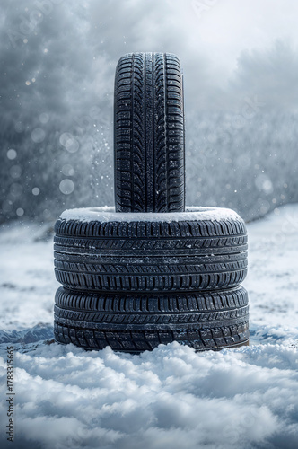 Stack of car tires covered with snow in a winter landscape. Concept of winter tires, safe driving, and seasonal car maintenance. Cold outdoor background with snowfall and frosty atmosphere.