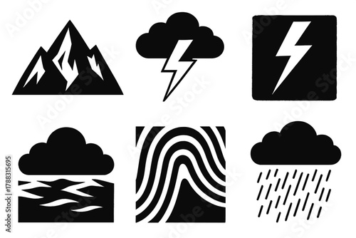 Brutalist Mountain Icons. Mountain Lightning silhouette icon set: rocky peaks, storm clouds, zigzag bolt, dark sky, echo wave, rain mist.