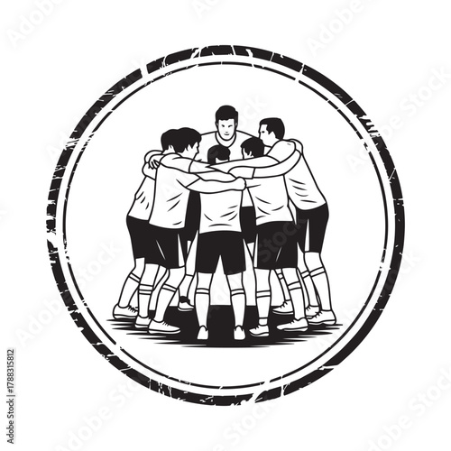 Team huddle inside a distressed circle emblem