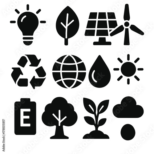 Eco-Friendly Icon Set. Environmental Energy Efficiency silhouette icon set: light bulb, leaf, solar panel, wind turbine, recycling symbol, globe, water droplet, sun, eco battery,