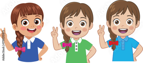 Smiling cartoon girl showing peace sign with hand, cheerful child character with braid and blue shirt, cute happy kid illustration