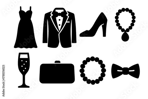 Formal Icon Collection. Evening Formal Collection silhouette icon set: gown, tuxedo, high heels, necklace, champagne glass, clutch, bracelet, bow tie.