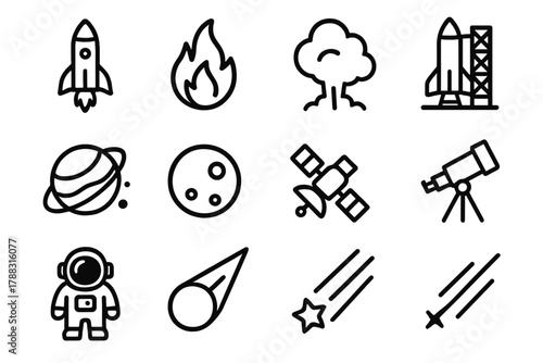 Space Launch Icons. Space Launch linear icon set: rocket, flame, smoke, rocket stand, countdown, planet, moon, satellite, telescope, astronaut, comet, light streak.
