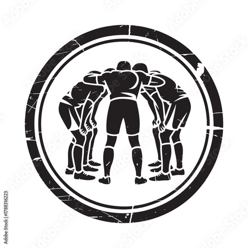 Rugby team huddle emblem with distressed texture