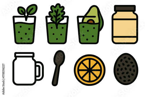 Bold Smoothie Icons. Healthy Smoothies silhouette icon set: spinach smoothie, kale smoothie, avocado smoothie, protein powder, glass jar, spoon, lemon slice, chia seeds.