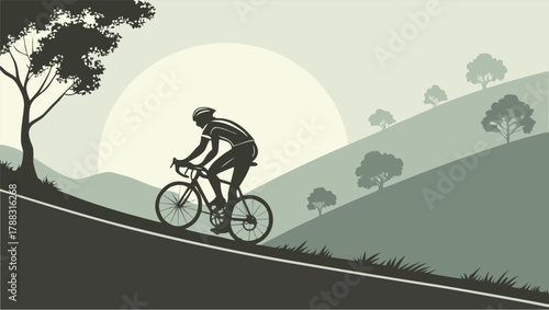 Silhouette of a cyclist riding a bicycle uphill on a scenic road with rolling hills and a large sun