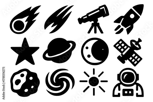 Brutalist Space Icons. Astronomy Comets silhouette icon set: comet, tail streak, telescope, rocket, star, planet, moon, satellite, asteroid, galaxy, light rays, astronaut.