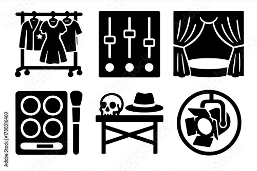 Theatrical Icon Set. Theatrical Setup silhouette icon set: costume rack, light controls, stage curtain, makeup kit, prop table, spotlight circle.