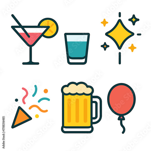 Vibrant Party Icons. Party Drinks flat icons: Cocktail Glass, Shot Glass, Beer Mug, Sparkle, Confetti, Balloon.
