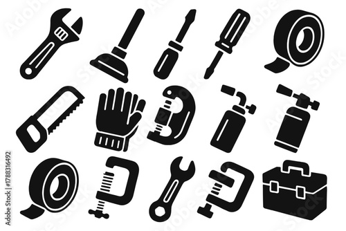 Bold Plumbing Icons. DIY Plumbing Tools silhouette icon set: adjustable wrench, plunger, screwdriver, tape, hacksaw, gloves, pipe cutter, small torch, sealing tape, clamp, wrench,
