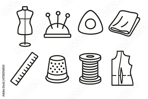 Tailoring Tools Illustrated. Professional Tailor Set linear icon set: mannequin, pins, chalk, fabric, ruler, thimble, spool, pattern.