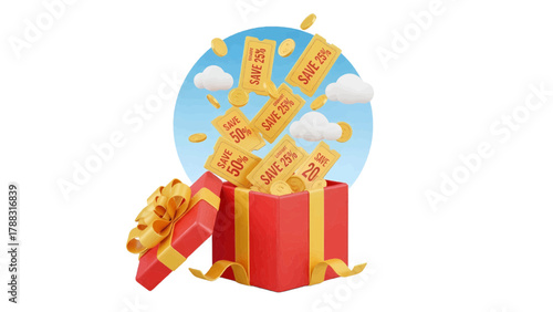 Vector illustration of gift box overflowing with discount coupons and coins, celebration concept
