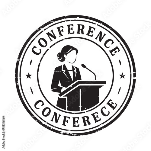 Woman speaker at podium in conference stamp graphic