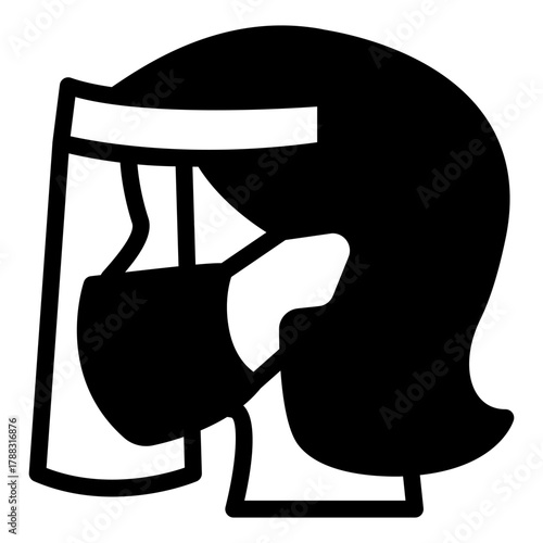 Woman head with antibacterial mask solid icon, safety workwear concept. Vector graphics. Girl face with plastic mask sign on white background, style icon mobile or web design.