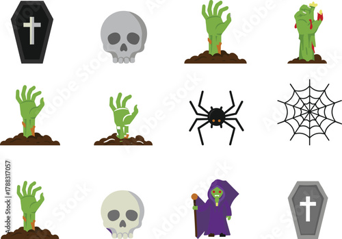Halloween icon set with zombie hands, skulls, coffins, spider, web, and reaper—perfect for spooky, horror, and festive themes.