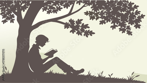 Silhouette of a person reading a book under the shade of a large oak tree on a grassy hill