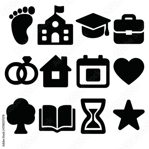 Life Journey Icons. Life Timeline silhouette icon set: baby footprint, school building, graduation cap, briefcase, wedding rings, house, calendar, heart, tree, book, hourglass,